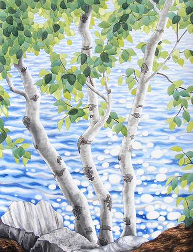 Painting of sparkling water seen through trunks and leaves of a white birch tree - a great example of Keitha's style.