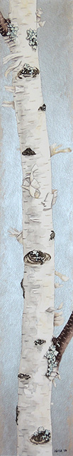 Tall narrow painting of a single white birch trunk